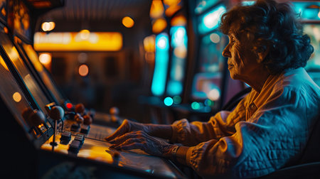 The older lady sitting at the table has fun, managing the character in an arcade computer game.の素材