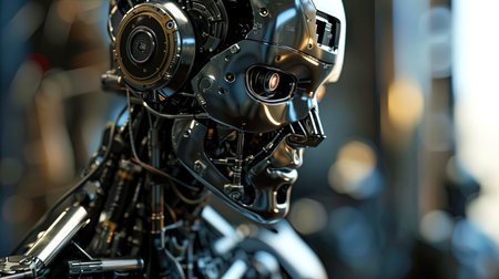The intriguing face of the robot, with sophisticated metal features, as if created for cosmic expl.の素材