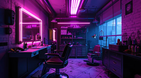 The interior of the barbershop, illuminated by purple neon, creating a mysterious and mysterious a.の素材