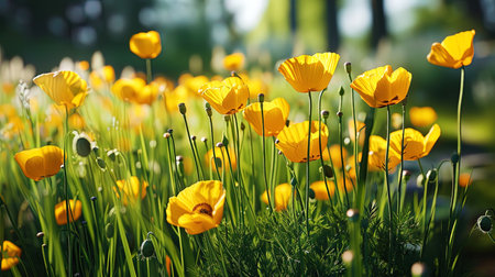 Yellow poppies, brightly contrasting with a green background, like lights in the grass.の素材