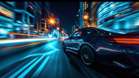 The night road with high speed, where the car, flickered in the frame, leaves a dynamic trace of t.の素材