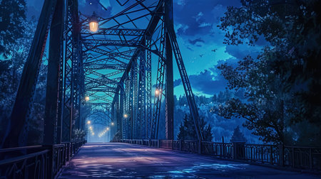 The night bridge in watercolor shades, where each detail creates a feeling of night attraction and.の素材