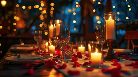 The table in a cozy restaurant, where candles in glass candlesticks and rose petals give a romance.の素材