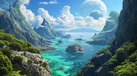 The planet, scattered on its surface, islands from emerald mountains and turquoise seas.の素材