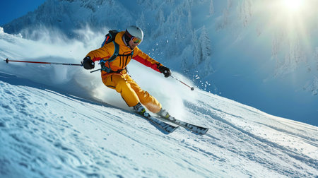 The skier rushing along the snow track, easily overcoming steep descents and rising uphill.の素材