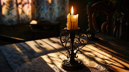 The vintage candle in a metal candlestick with openwork patterns creates a game of light and shado.の素材
