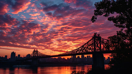 The sunset against the background of the bridge in the city, staining the sky in fiery and pink sh.の素材