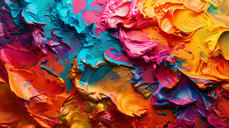 The texture of the crushed canvas, on which bright colors pour and create a chaotic pattern.の素材
