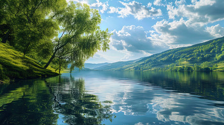 The picture has a beautiful bay, framed by green hills and trees, with a reflection of clouds in p.の素材