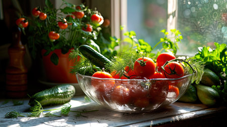 Vegetable still life in a glass bowl on a light table tomatoes, cucumbers and young onions.の素材