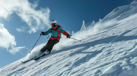 The skier rushing along the snow track, easily overcoming steep descents and rising uphill.の素材