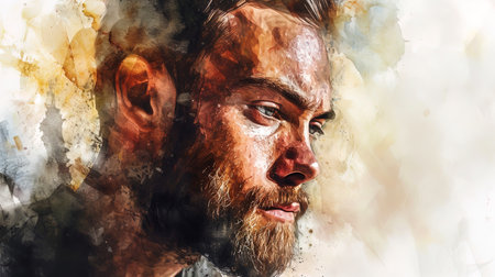 The watercolor portrait of a man emitting calm and confidence.の素材