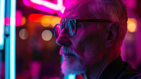The senior gentleman with a traditional haircut in a barbershop with neon lights that emphasize hi.の素材