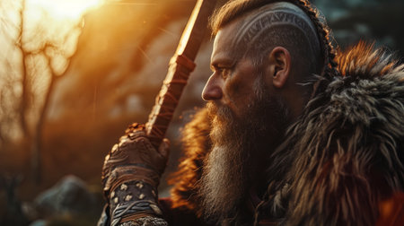 The worship of the gods the image of a Viking who performs a religious rite, worshiping his deitie.の素材