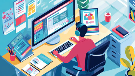 Web design specialist working on a new project at a powerful computer surrounded by color layouts.の素材