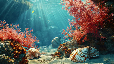 Underwater extravaganza: huge shells and soft coral branches surround an underwater landscape.の素材