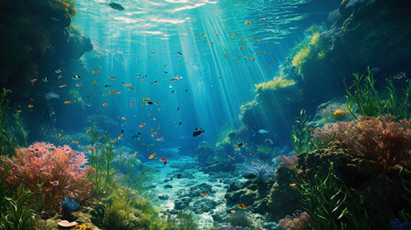 Underwater paradise: bright blue water washed with colorful lips and soft algae.の素材