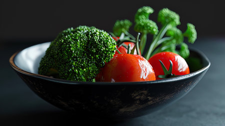 Vegetables on a black background red tomatoes, broccoli and young onions in a stylish black bowl.の素材