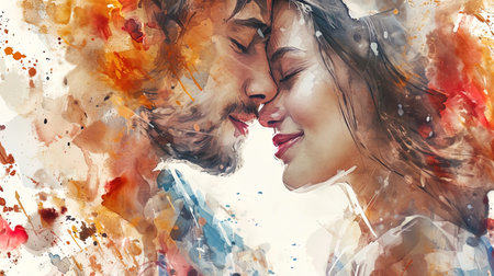 The watercolor portrait of a young couple, in love eyes radiating joy.の素材