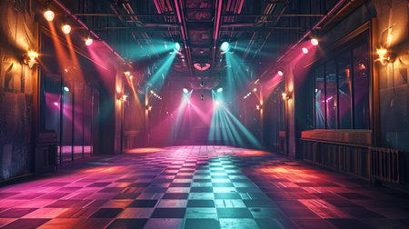 A dance hall with bright lights and mirrors, where couples can enjoy the evening of dancing.の素材