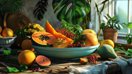 A bowl with exotic fruits mango, papaya and carambole, giving photos a tropical mood.の素材