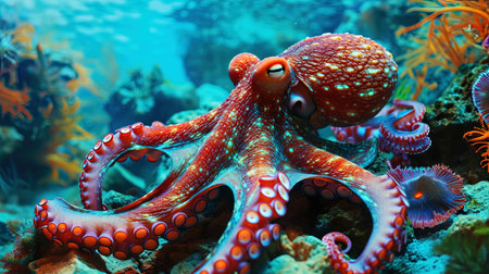 A fantastic octopus, like an artistic picture, woven into an amazing landscape of colorful corals.の素材