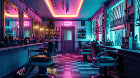 A children's image with a classic shrinkage in a neon barbershop, where light adds softness and he.の素材