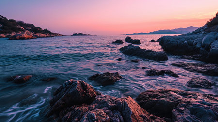 A photograph of the bay in the light of dawn, with creating delicate shades of pink and purple, re.の素材