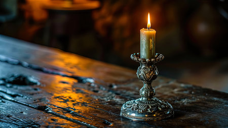 A candle in an old silver candlestick with engraving details, giving it the character of an antiqu.の素材