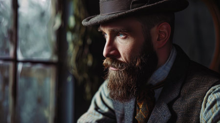 A contemplative gentleman with a carefully well groomed beard, wears a stylish hat that emphasizes.の素材