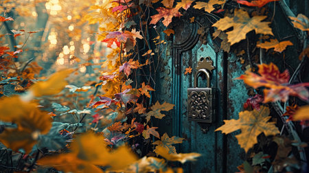 A fairy tale lock, drowning in the leaves of multi colored trees, as if it is part of a nature fil.の素材