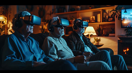 A group of elderly friends gathered in a room for playing a multiuser online game, enjoying the vi.の素材