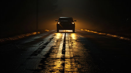 A car piercing the darkness, in a photo where road markings and reflective elements create a contr.の素材