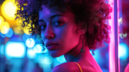 A girl with curly hair in a neon barbershop, where the light creates a playful and stylish image.の素材