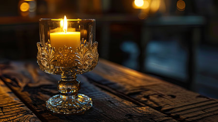 A delightful vintage candle in a glass candlestick with an exquisite engraved pattern creates soft.の素材