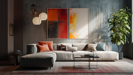 A cozy living room with a comfortable sofa and a colorful picture that gives the space warmth and.の素材