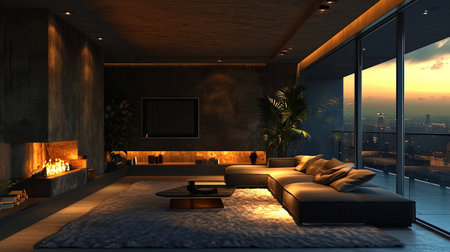 A living room with an artificial fireplace and soft carpets to create comfort.の素材