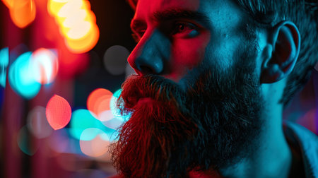 A man with an elegant beard, against the backdrop of neon lights, creating an atmosphere of sophis.の素材