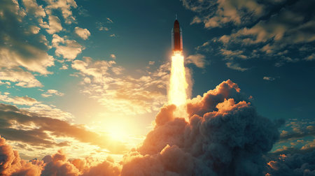 A frame on which a space rocket is visible, taking off from the ground, creating a fire pillar tha.の素材