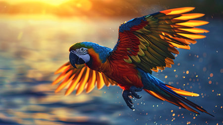A parrot with multi colored wings, against the background of sunset, where a reflection of beauty.の素材