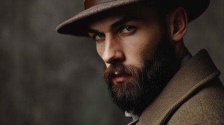 A man in a stylish hat, with a skillfully trimmed beard, looks like the embodiment of a classic ma.の素材