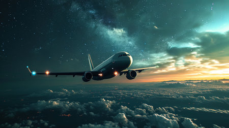A mysterious frame of a night flight a plane illuminated by a soft light, makes his way through th.の素材