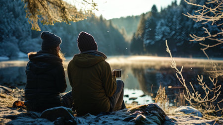 A man and a woman sitting on the shore of the lake share a cup of a hot drink and enjoy the moment.の素材