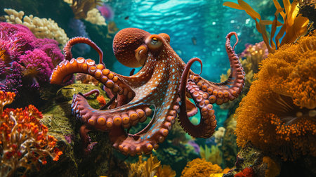 A magnificent octopus, with multi colored tentacles, weaves among colorful corals, creating an ama.の素材
