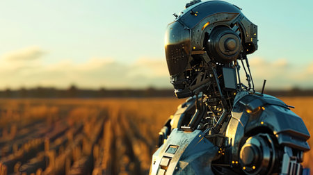 A mechanized prospect robots against the background of an endless field represent a modern, mechan.の素材