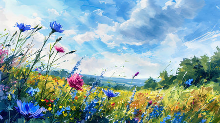A landscape with a meadow drawn watercolor, where flowers smoothly pass into the skyblue sky.の素材