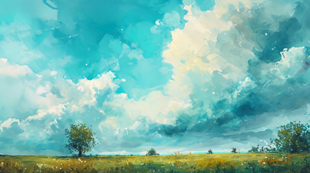 A landscape with a watercolor sky, where soft clouds dance on a blue canvas.の素材