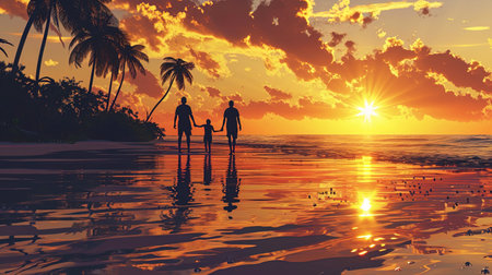A happy family, against the backdrop of the rising sun on the tropical beach, enjoys the first mor.の素材