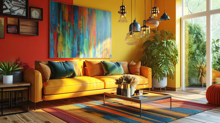 A modern recreation room with a stylish sofa and a colorful picture that adds accents to a common.の素材