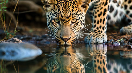 A photograph of a leopard with a reflection of his appearance in the water conveys his view of him.の素材